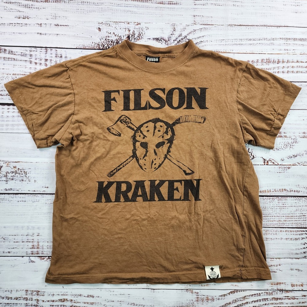 CC Filson x Seattle Kraken Hockey Mask T-Shirt Men's M Tan Brown NHL Graphic Tee